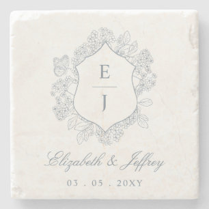 Dusty Blue Floral Crest Monogram Wedding Stone Coaster