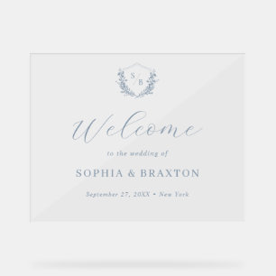 Dusty Blue Floral Crest Monogram Wedding Welcome Acrylic Sign