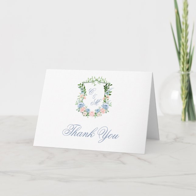 Dusty Blue Floral Crest Thank You Card (Front)