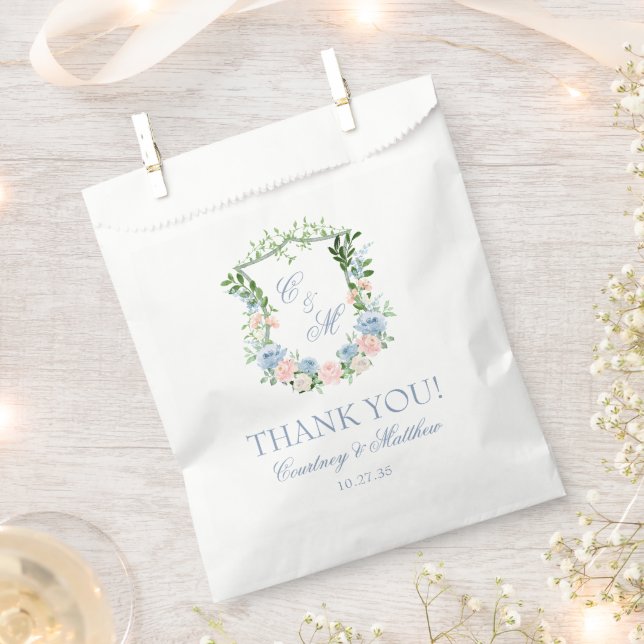 Dusty Blue Floral Crest Thank You Favour Bag (Clipped)