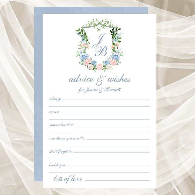 Dusty Blue Floral Crest Wedding Advice and Wishes (Creator Uploaded)