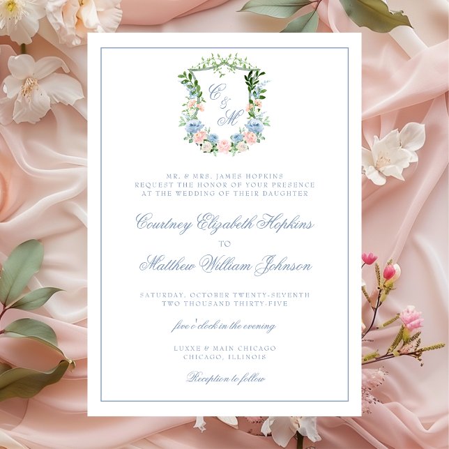 Dusty Blue Floral Crest Wedding Invitation (Creator Uploaded)