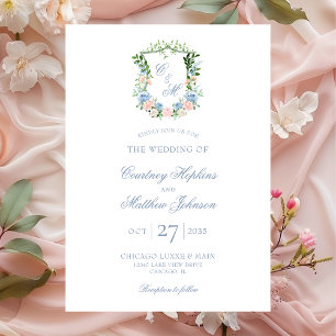 Dusty Blue Floral Crest  Wedding Invitation
