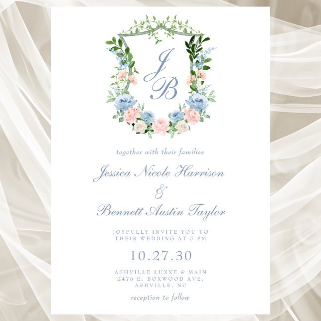 Dusty Blue Floral Crest Wedding Invitation (Creator Uploaded)