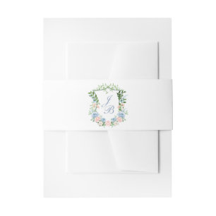Dusty Blue Floral Crest Wedding Invitation Belly Band