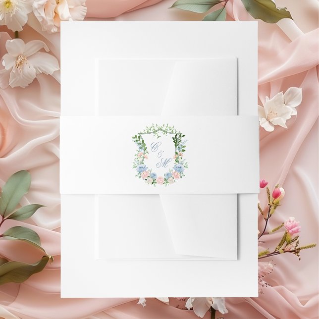 Dusty Blue Floral Crest Wedding Invitation Belly Band (Creator Uploaded)