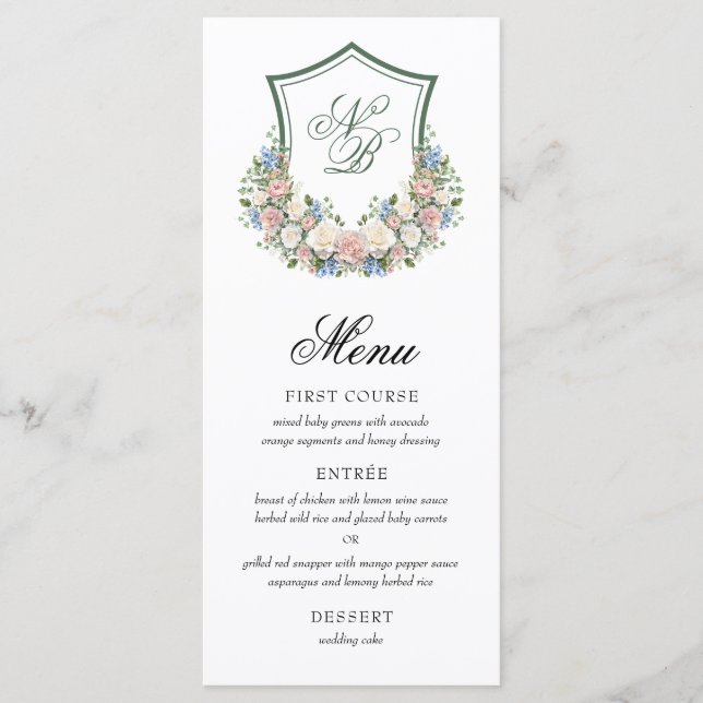 Dusty Blue Floral Crest Wedding Menu (Front)