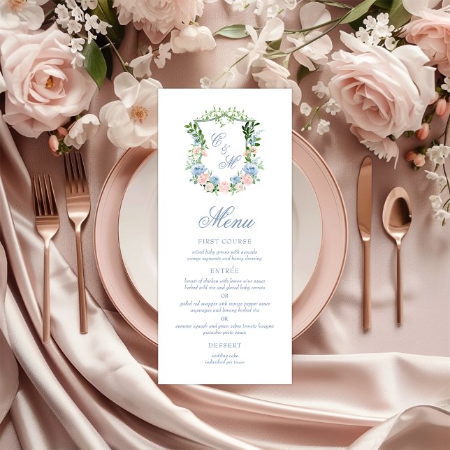 Dusty Blue Floral Crest Wedding Menu (Creator Uploaded)