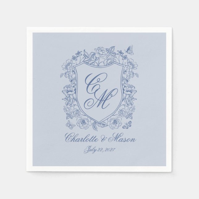 Dusty Blue Floral Crest Wedding Monogram Napkin (Front)