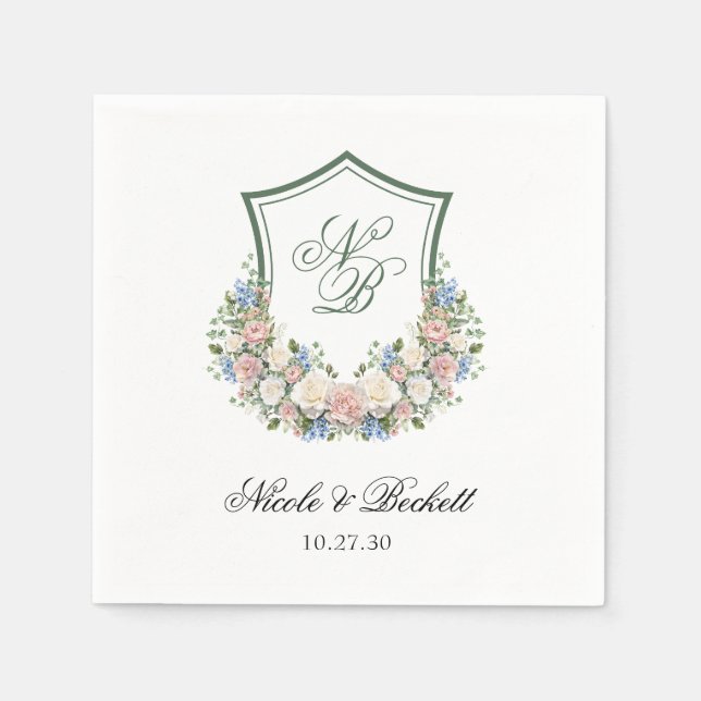 Dusty Blue Floral Crest Wedding Napkin (Front)