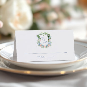 Dusty Blue Floral Crest Wedding Place Card