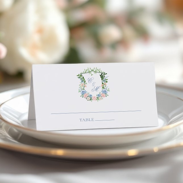 Dusty Blue Floral Crest Wedding Place Card (Creator Uploaded)