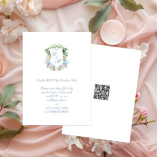 Dusty Blue Floral Crest Wedding QR Code RSVP Enclosure Card