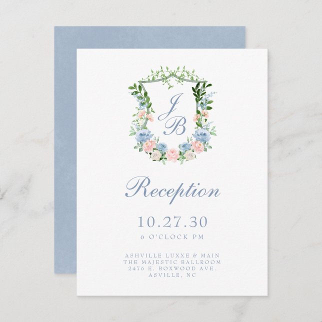 Dusty Blue Floral Crest Wedding Reception Enclosure Card (Front/Back)