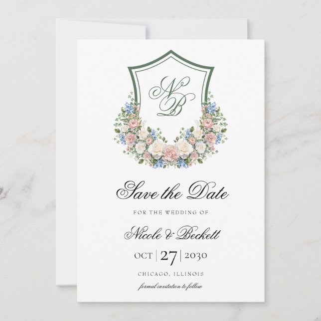 Dusty Blue Floral Crest Wedding Save The Date (Front)
