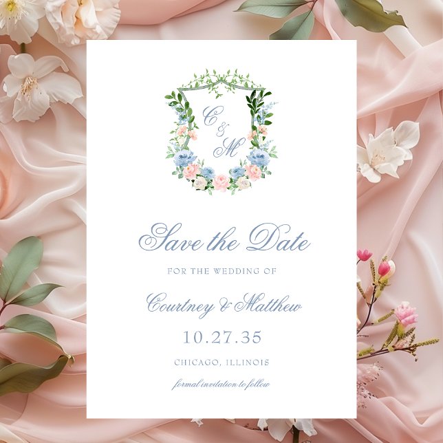 Dusty Blue Floral Crest Wedding Save The Date (Creator Uploaded)