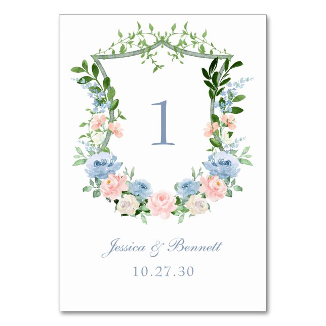 Dusty Blue Floral Crest Wedding Table Number (Front)