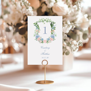Dusty Blue Floral Crest Wedding Table Number