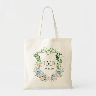 Dusty Blue Floral Crest Wedding Tote Bag