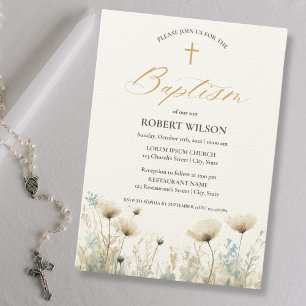 Dusty Blue Floral Cross Boy Christening Baptism Invitation