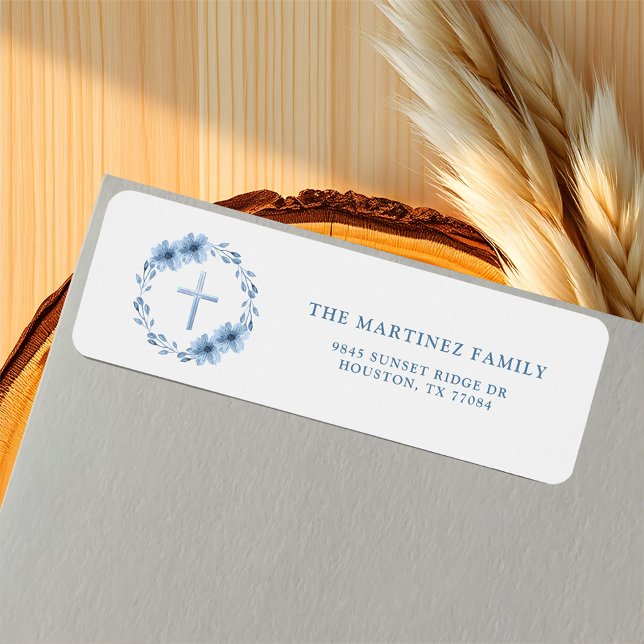 Dusty Blue Floral Cross Christian Return Address Label (Creator Uploaded)