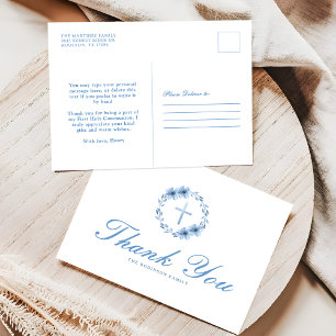 Dusty Blue Floral Cross Christian Thank You Postcard