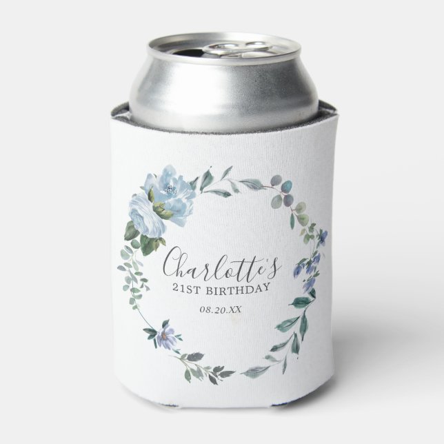  Dusty Blue Floral Custom 21st Birthday Custom Can Cooler (Can Front)