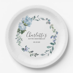 Dusty Blue Floral Custom 40th Birthday Custom Paper Plate