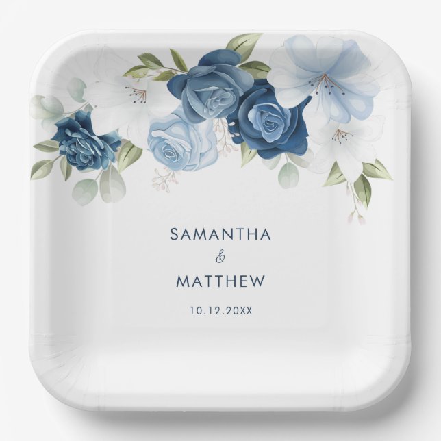 Dusty Blue Floral Custom Wedding Paper Plate (Front)