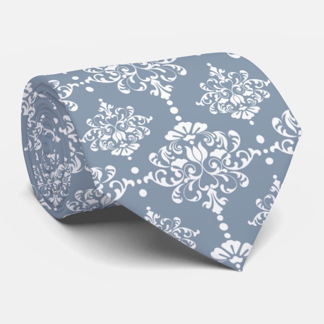 Dusty Blue Floral Damask Pattern Groomsmen Wedding Tie (Rolled)