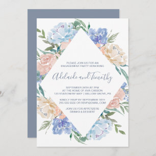 Dusty Blue Floral Diamond Engagement Party Invitation