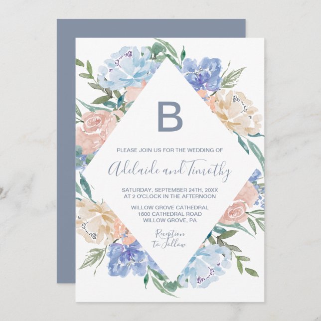 Dusty Blue Floral Diamond Monogram The Wedding Of Invitation (Front/Back)
