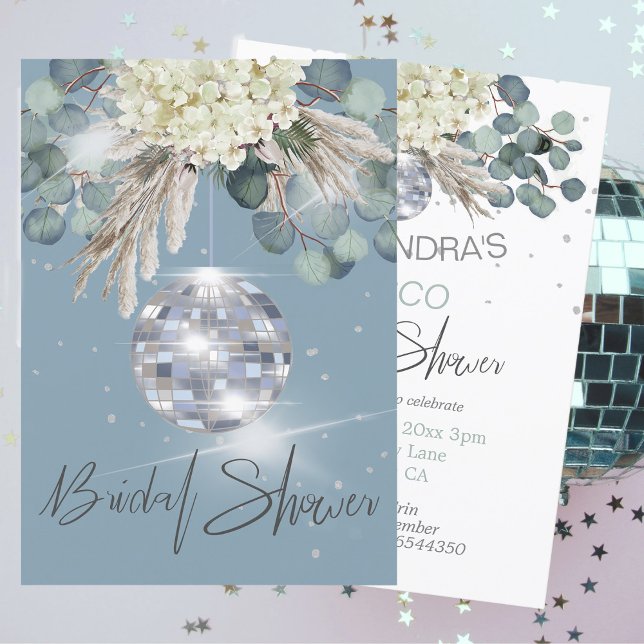 Dusty Blue Floral Disco Ball Bridal Shower Invitation (Creator Uploaded)