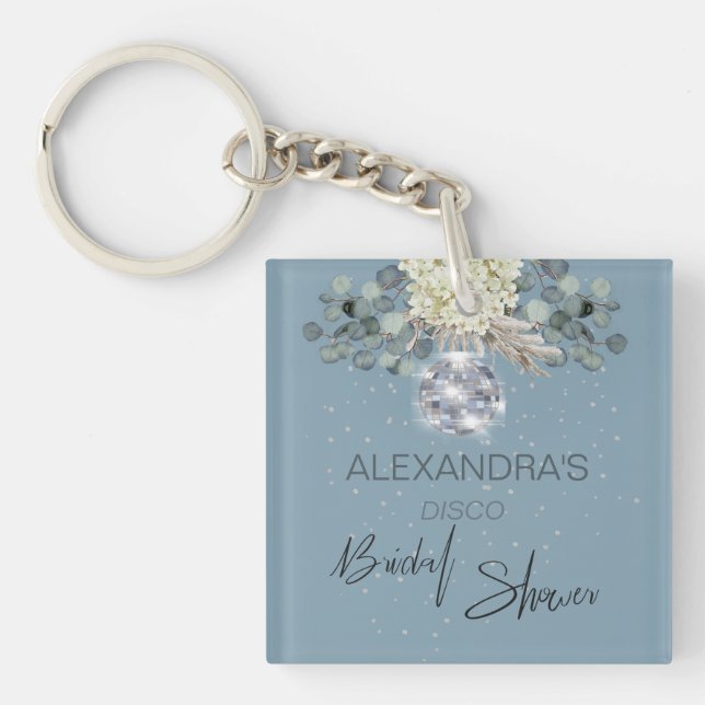 Dusty Blue Floral Disco Ball Bridal Shower Key Ring (Front)