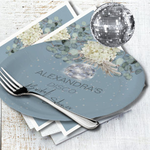 Dusty Blue Floral Disco Ball Bridal Shower Paper Plate