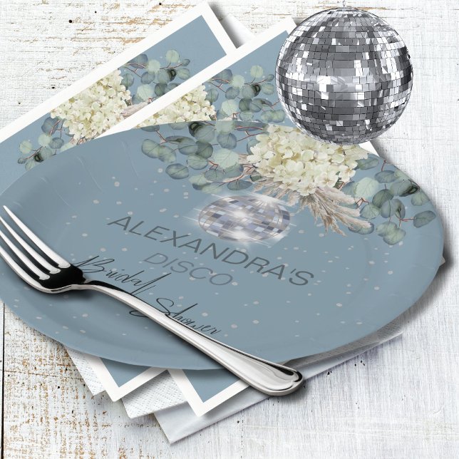 Dusty Blue Floral Disco Ball Bridal Shower Paper Plate (Creator Uploaded)