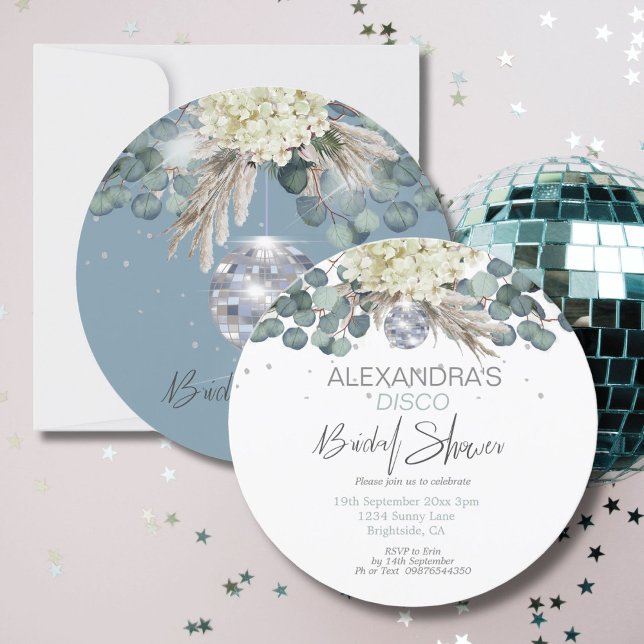 Dusty Blue Floral Disco Ball Bridal Shower Round Invitation (Creator Uploaded)