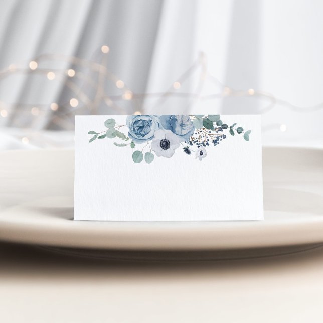 Dusty blue floral elegant anemone wedding place card (Creator Uploaded)