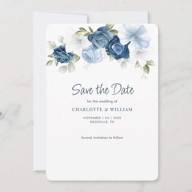 Dusty Blue Floral Elegant Bloom Wedding Save The Date (Front)