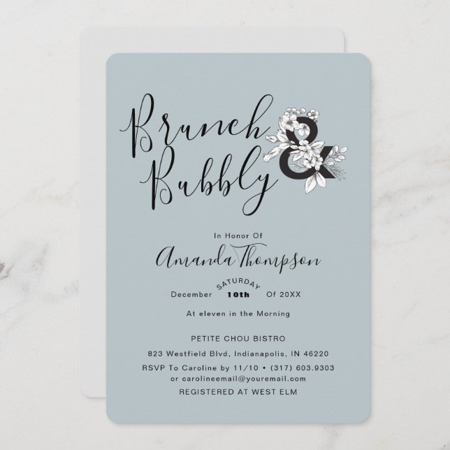 Dusty Blue Floral Elegant Bridal Shower Invitation (Front/Back)
