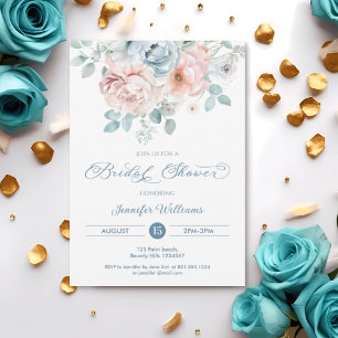 Dusty Blue Floral Elegant Bridal Shower  Invitation
