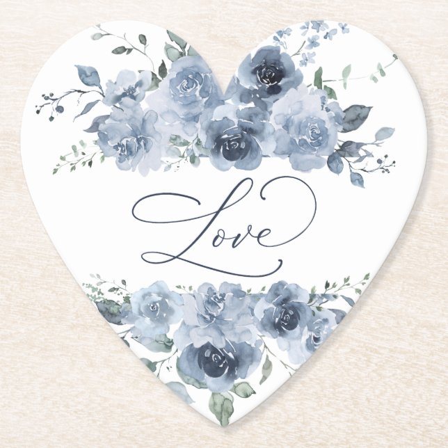 Dusty Blue Floral Elegant Bridal Shower Love Paper Coaster (Front)