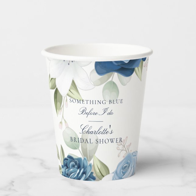 Dusty Blue Floral Elegant Bridal Shower Paper Cups (Front)