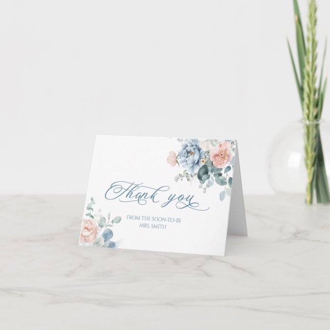 Dusty blue floral elegant bridal shower thank you card (Front)