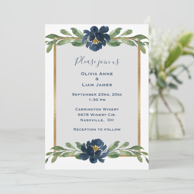Dusty Blue Floral Elegant Floral Gold Wedding Invitation (Standing Front)