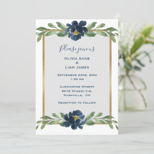 Dusty Blue Floral Elegant Gold Wedding Invitation