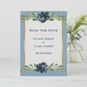 Dusty Blue Floral Elegant Gold Wedding Save The Date