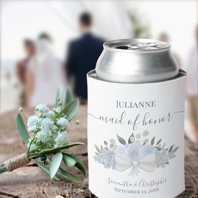 Dusty Blue Floral Elegant Maid of Honor Wedding Can Cooler (Creator Uploaded)