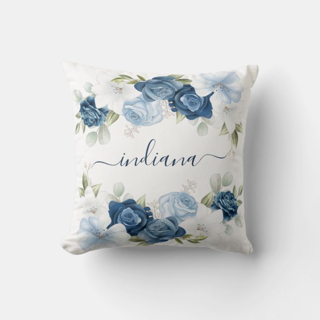Dusty Blue Floral Elegant Monogram Cushion (Front)