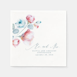 Dusty Blue Floral Elegant Mr and Mrs Wedding Napkin